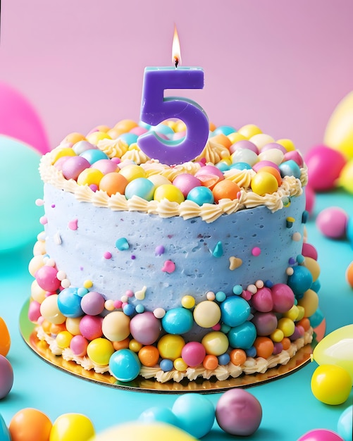 A festive delicious birthday cake with number 5 candle Five Years