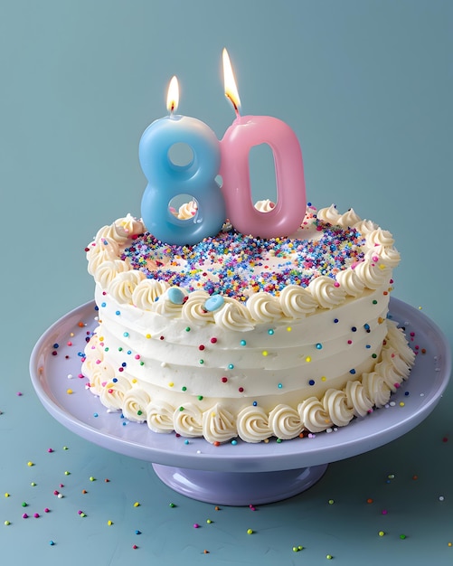 A festive delicious birthday cake with number 80 candle Eighty Years