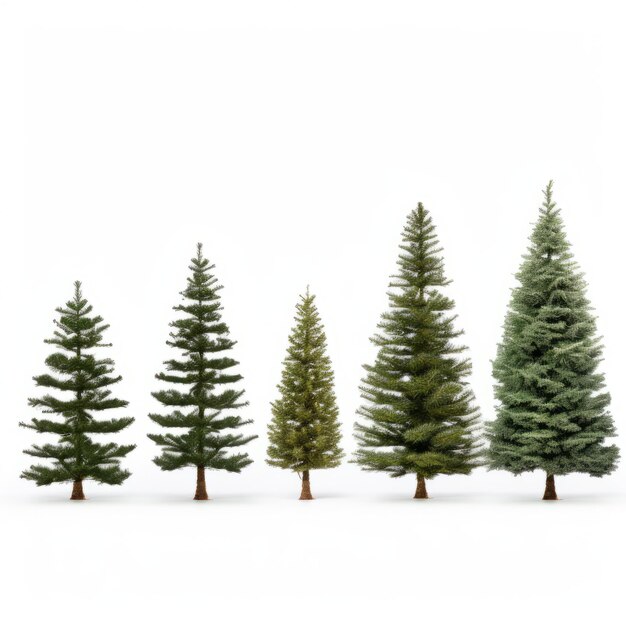 Photo festive delight a serene lineup of five christmas trees on a white background
