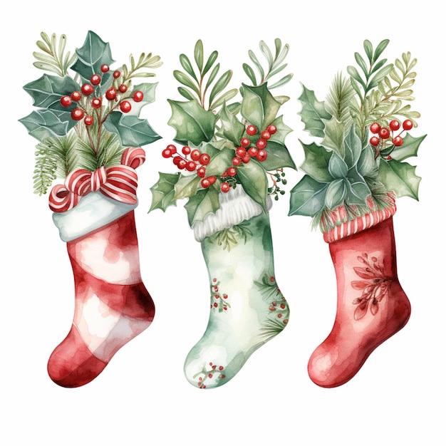 Festive Delights Captivating Watercolor Painting of a Christmas Stocking with Christmas Elements