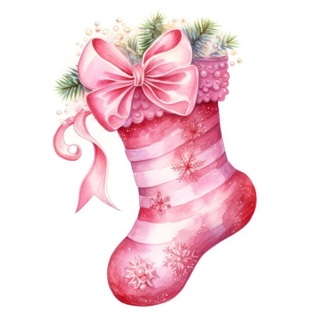 Festive Delights Vivid Watercolor Painting of a Pink Christmas Stocking with Whimsical Christmas El