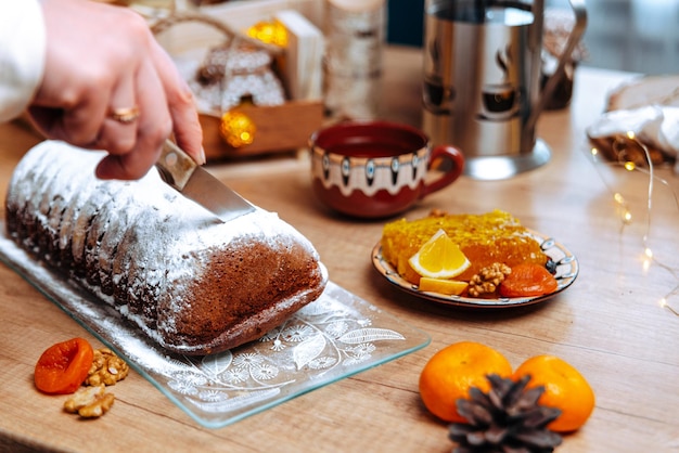 festive dessert table homemade cakes, pancakes with honey, desserts with honey