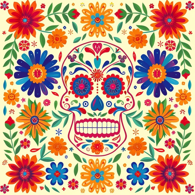 Festive Dia De Muertos pattern background with flowers