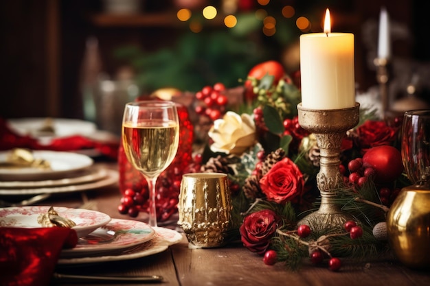 Festive dining table set for Christmas dinner Holiday decorations wine glasses and tableware Generative AI illustration