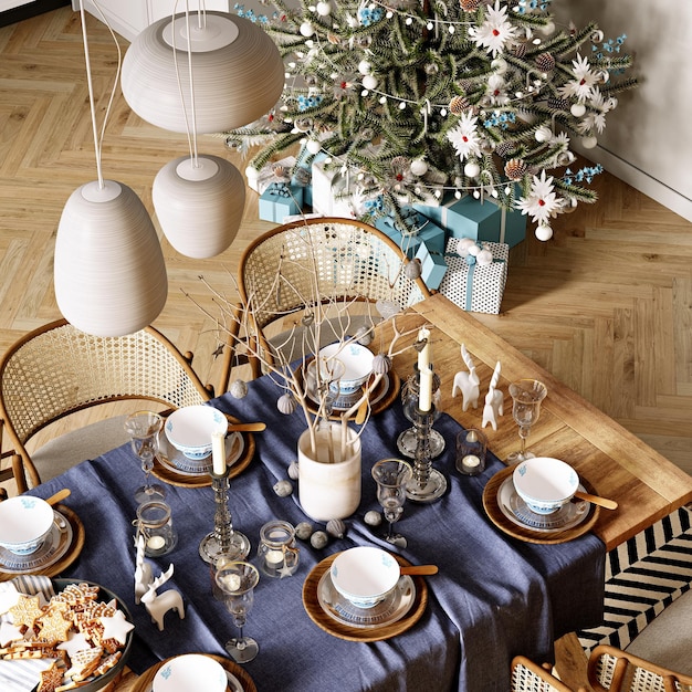 Festive dinner decor in a Christmas interior. Top view. 3d rendering