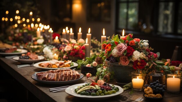 Photo a festive dinner table adorned background