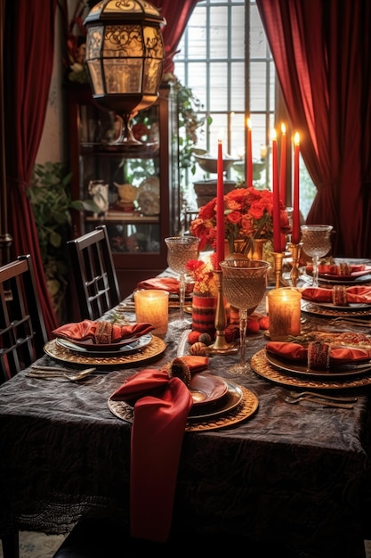 Festive dinner table set for a family gathering created with generative ai