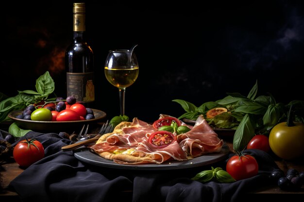 Festive dinner table with fine wine delicious meat appetizers and freshly sliced vegetables