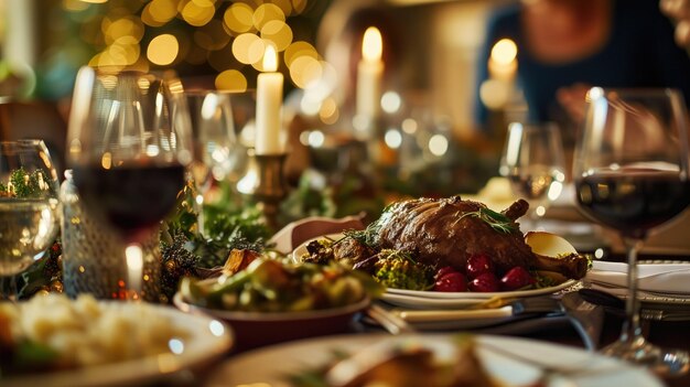 Festive dinner table with roast and wine glasses