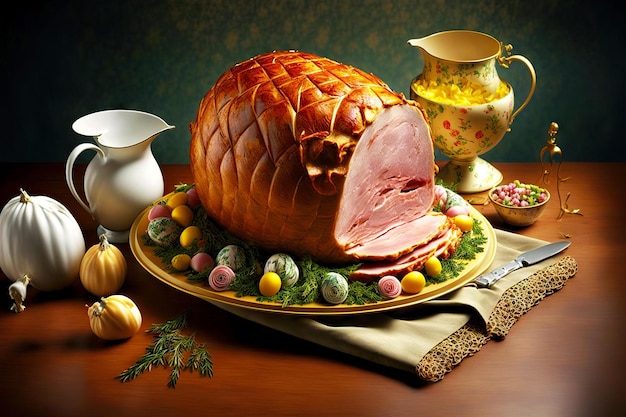 Festive dish Easter ham for lunch on table