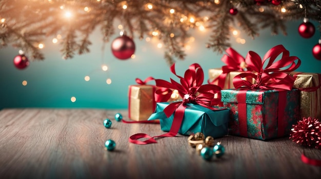 A Festive Display Wooden Table Adorned with Presents Under a Christmas Tree