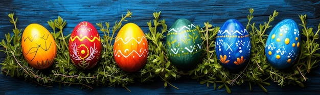 Photo festive easter banner with decorated colorful eggs and green grass on dark blue wooden background