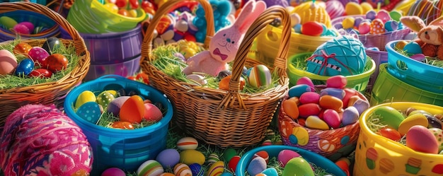 Festive Easter Baskets Overflowing with Green Grass Chocolates and Fun Toys Ready for the Spring