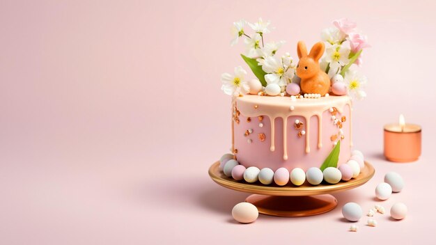 초콜릿 달 꽃과 토끼 동상 분홍색 부활절 카드로 장식된 축제 부활절 케이크