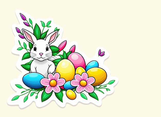 Photo festive easter card with colorful easter eggs bunny and flowers