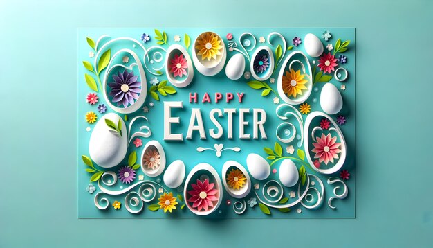 Праздничная пасхальная открытка с текстом "Счастливой Пасхи" 3D-цветы и ленточные овалы на бирюзовой задней части