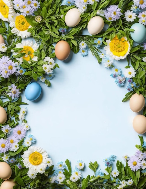 festive easter decoration on blue background top view