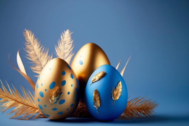 Festive easter egg with gold decorations on blue background