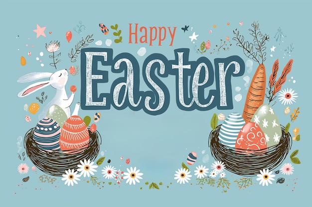 축제 의 부활절 축하 사진 카드 에 토끼 와 장식 된 달 이 그려져 있다