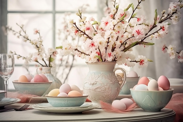 접시에 칠해진 계란의 축제 부활절 테이블 설정 사쿠라 꽃다발과 우아한 요리 부활절 디자인과 인사말 카드의 개념