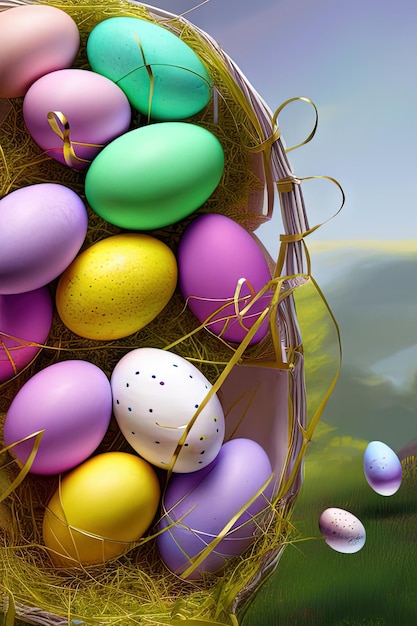 Festive Easter vertical poster template with colorful colorful eggs website template Spring holiday Easter eggs in a basket Happy easter Easter eggs set