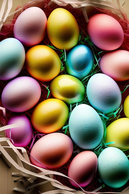 Festive Easter vertical poster template with colorful colorful eggs website template Spring holiday Easter eggs in a basket Happy easter Easter eggs set