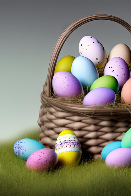 Festive Easter vertical poster template with colorful colorful eggs website template Spring holiday Easter eggs in a basket Happy easter Easter eggs set