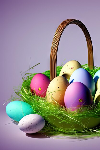 Festive Easter vertical poster template with colorful colorful eggs website template Spring holiday Easter eggs in a basket Happy easter Easter eggs set