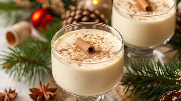 A festive eggnog cocktail topped with a sprinkle of cinnamon New Year seasonal drink The concept of relaxing in the company of friends during the holiday Spruce cones and twigs Generative by AI