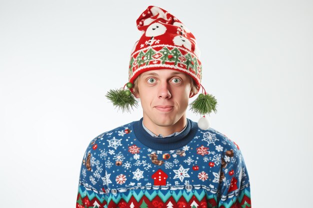 Festive Elegance Man in Stylish Christmas Attire with Santa Claus Hat in a White Background