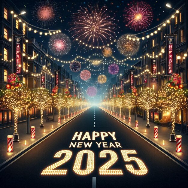Festive Empty Street with 2025 Formed by Lights and Decorations
