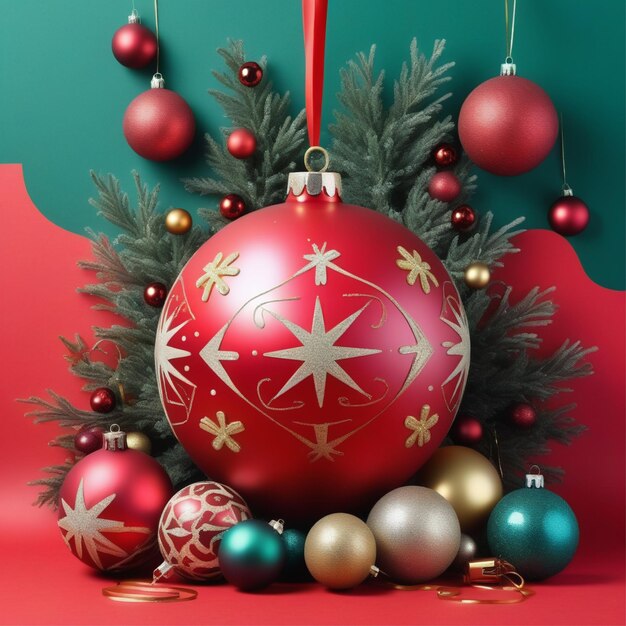 festive ensemble big christmas ball amidst cheerful colorful items background