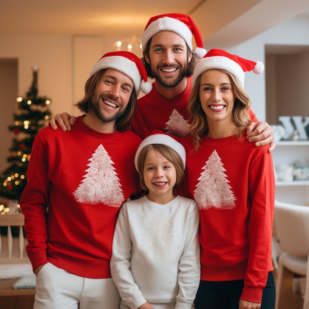 Праздничная семья улыбается ярко в сочетании красных ошейников и шляп Санты среди яркого Рождества