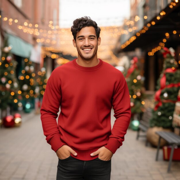 Photo festive fashion hispanic hunk flaunts red long sleeve crewneck sweater against a christmas backgrou