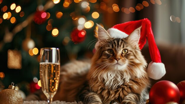 Festive Feline Bubbles Een snorige metgezel die viert met een kerstmanhoed en champagne