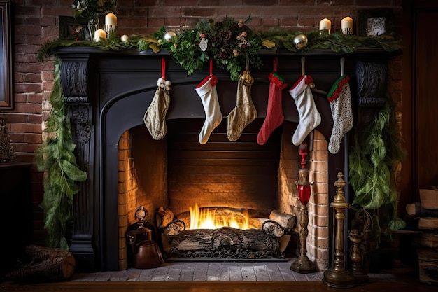 A festive fireplace with a centerpiece of holly and mistletoe surrounded by stockings hung by the ch