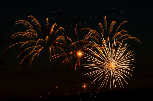 Fuochi d'artificio festivi nel cielo notturno. saluto multicolore luminoso su uno spazio nero. posto per il testo.