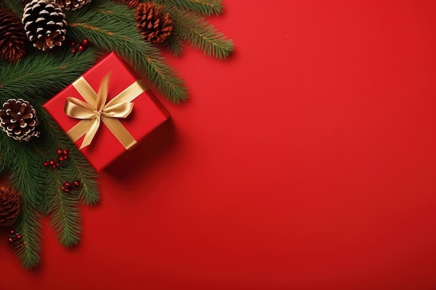 Festive flat lay composition with Christmas tree green branches