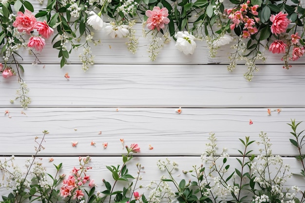 Photo festive flower composition on the white wooden background overhead view