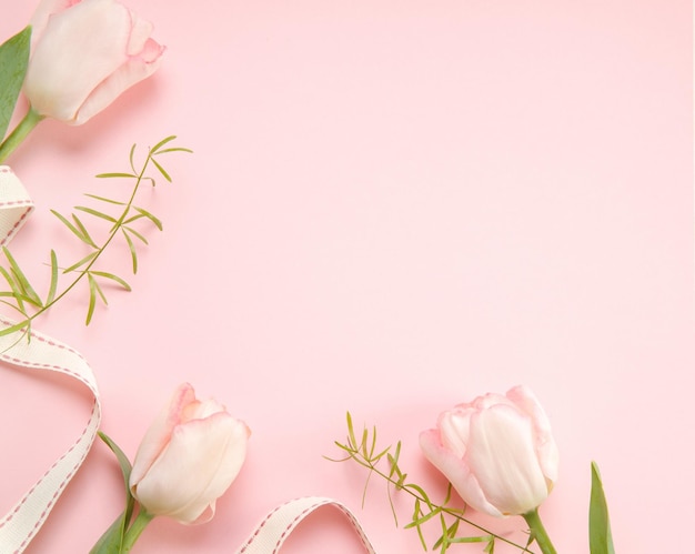 Festive flower pink tulips composition on the light pink background Overhead top view flat lay Copy space Birthday Mother's Valentines Women's Wedding Day concept