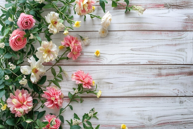 Festive flowers on white wooden background overhead view