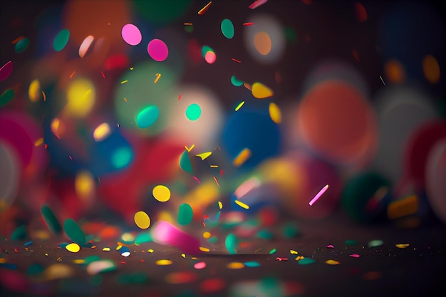 Festive flying in the air colored confetti for the celebration and party at night multicolored paper confetti to celebrate victory and birthday and new year Generative AI