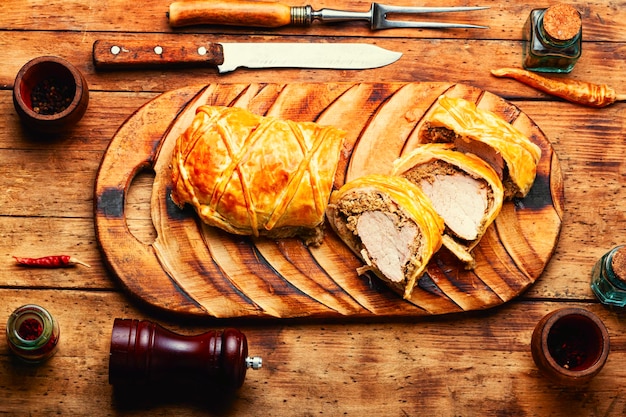 Festive food baked Wellington meat