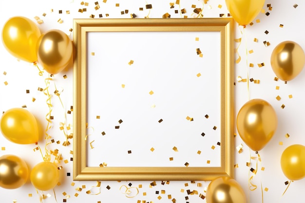 Photo festive frame with golden balloons and confetti on white background ai generated