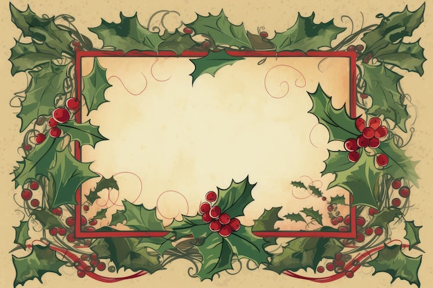 A festive frame with a red border topped with holly and mistletoe