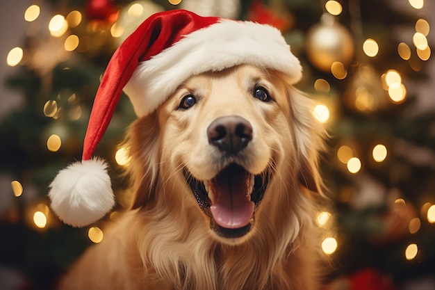 Photo festive furry friend golden retriever celebrates christmas