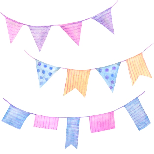 Festive garlands of colored flags watercolor illustration pastel colors for childrens holiday