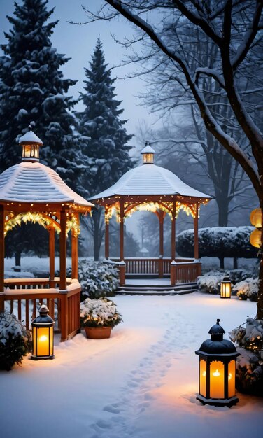 Photo a festive gazebo in a snowy garden illuminated by lanterns