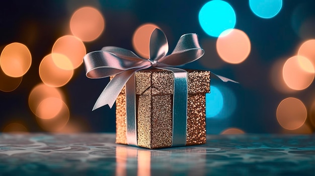 Festive gift box against bokeh background Holiday greeting card Typically used for birthday anniversary presents gift cards post cards AI Generative