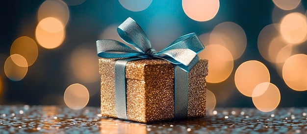 Festive gift box against bokeh background Holiday greeting card Typically used for birthday anniversary presents gift cards post cards AI Generative